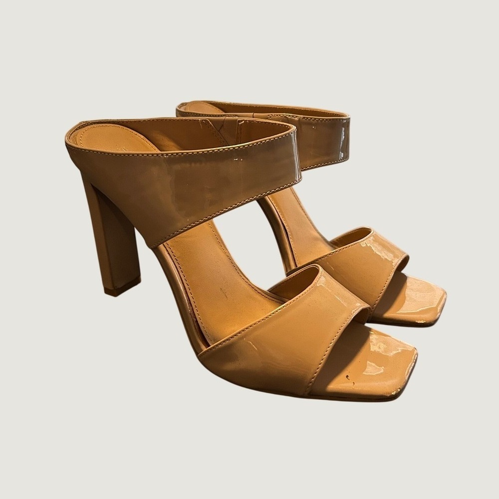 Express Nude Beige Patent Block Heel Mules Square Toe Sandals Size 10